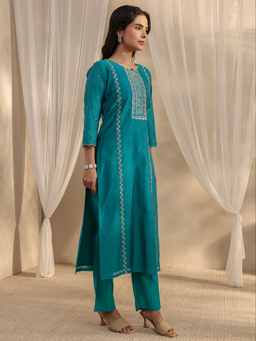  Teal Ethnic Embroidered Chanderi Silk Straight Suit Set With Dupatta 