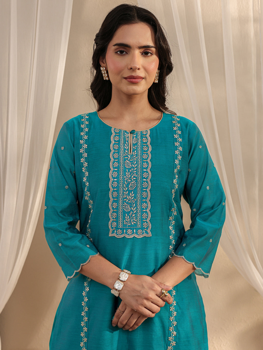  Teal Ethnic Embroidered Chanderi Silk Straight Suit Set With Dupatta 