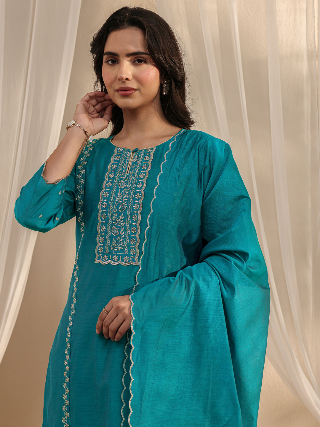  Teal Ethnic Embroidered Chanderi Silk Straight Suit Set With Dupatta 