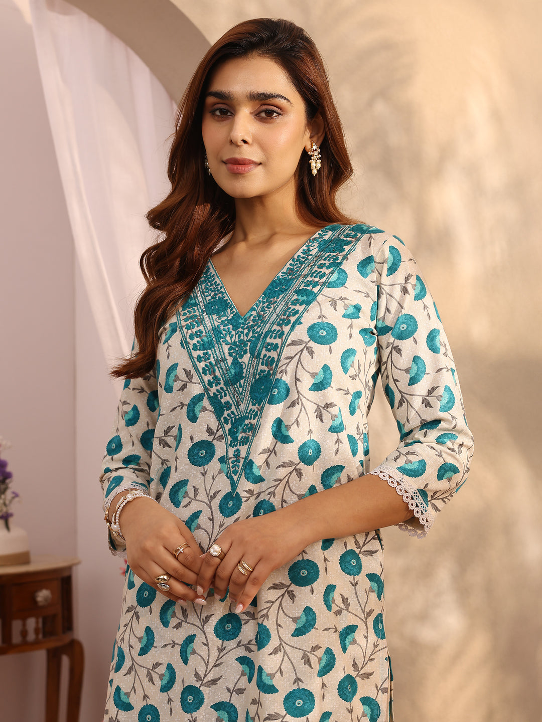  Off White Printed Cotton Straight Kurta Set 
