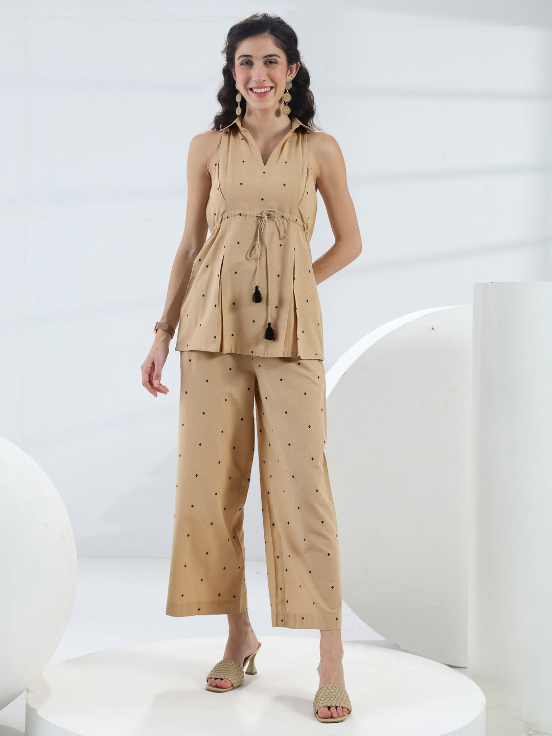  Beige Woven Design Cotton Blend Co-Ord Set 