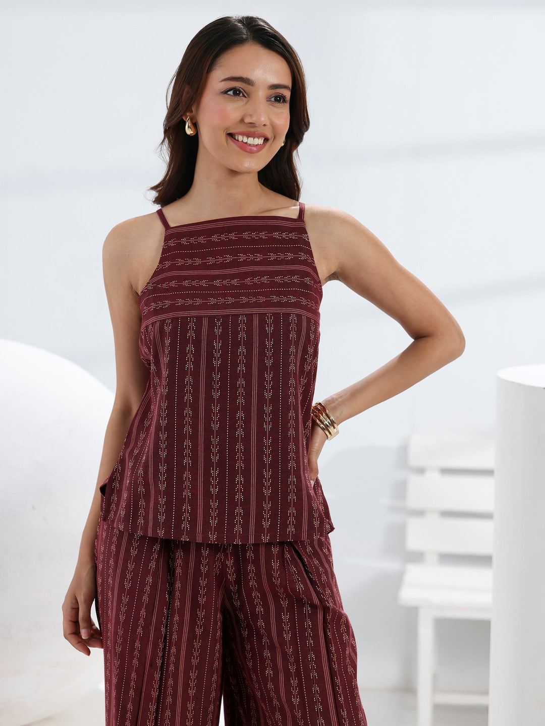  Maroon Woven Design Cotton Blend Co-Ord Set 