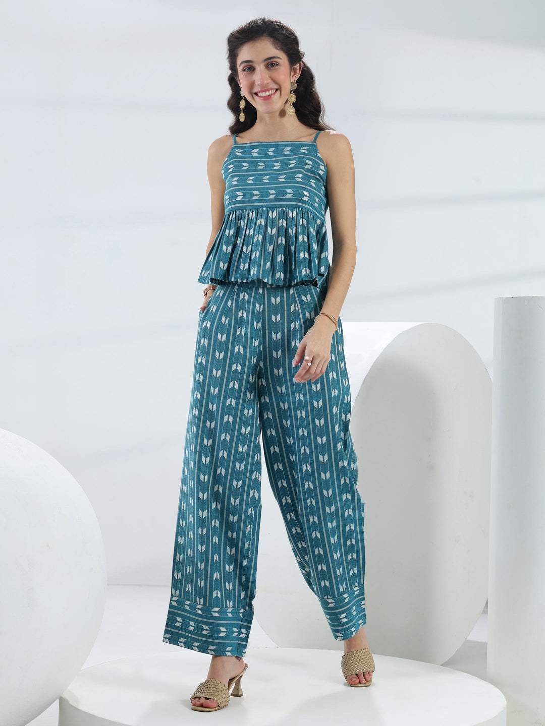  Blue Woven Design Cotton Blend Co-Ord Set 