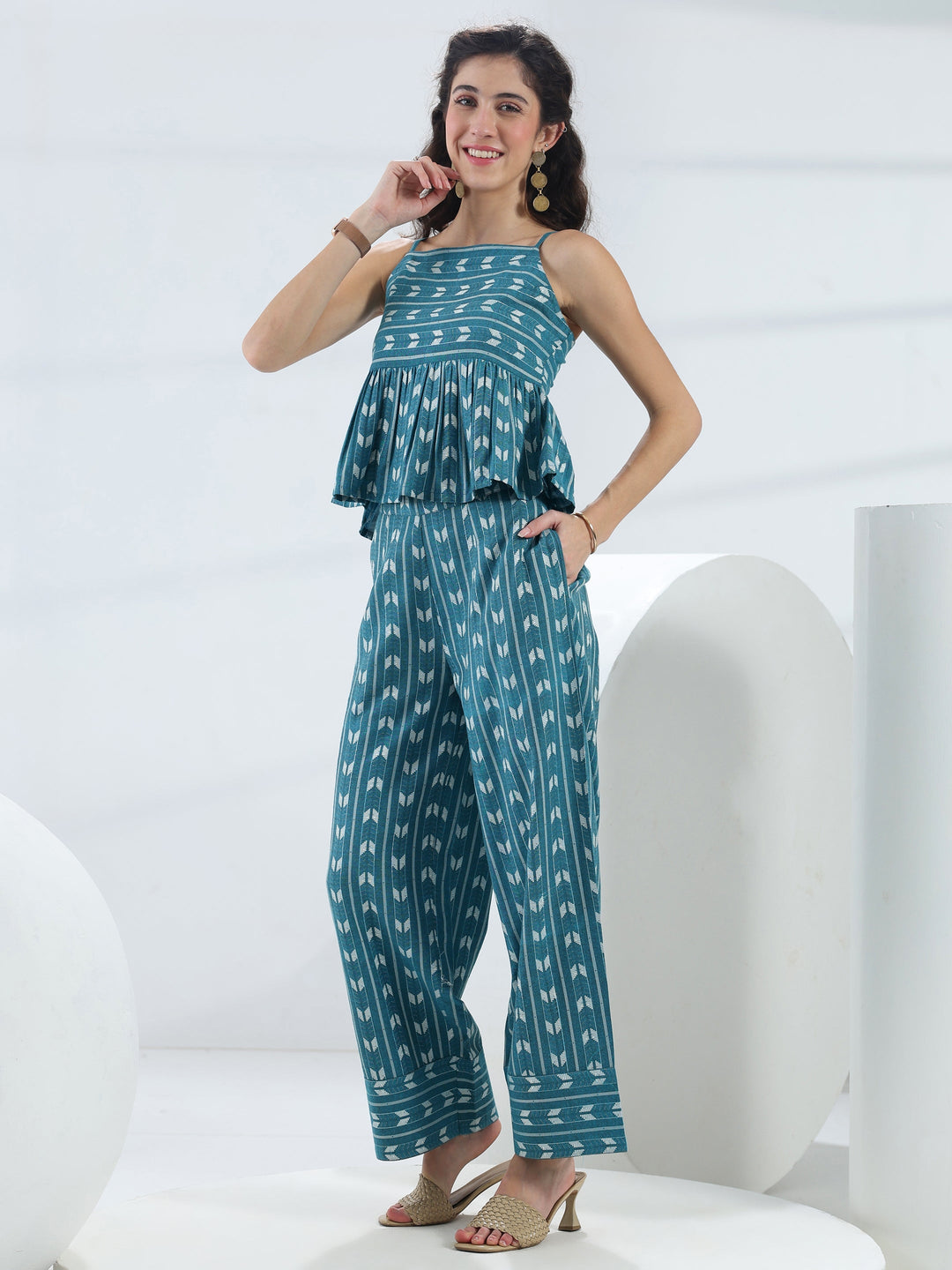  Blue Woven Design Cotton Blend Co-Ord Set 