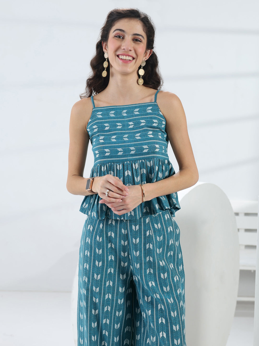  Blue Woven Design Cotton Blend Co-Ord Set 
