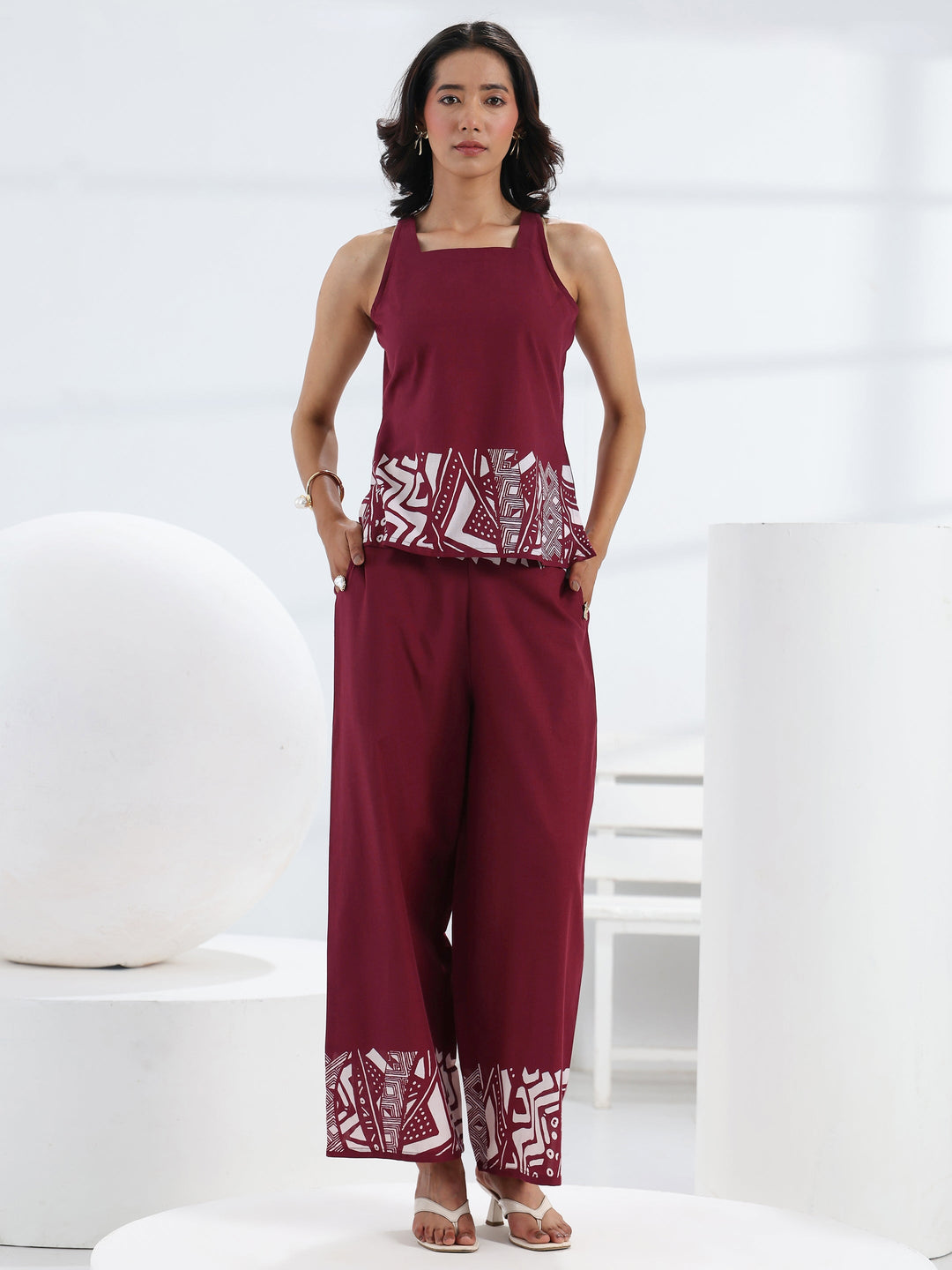  Maroon Abstract Printed Cotton Co-Ord Set 