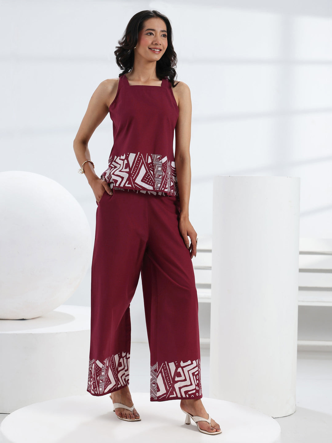  Maroon Abstract Printed Cotton Co-Ord Set 
