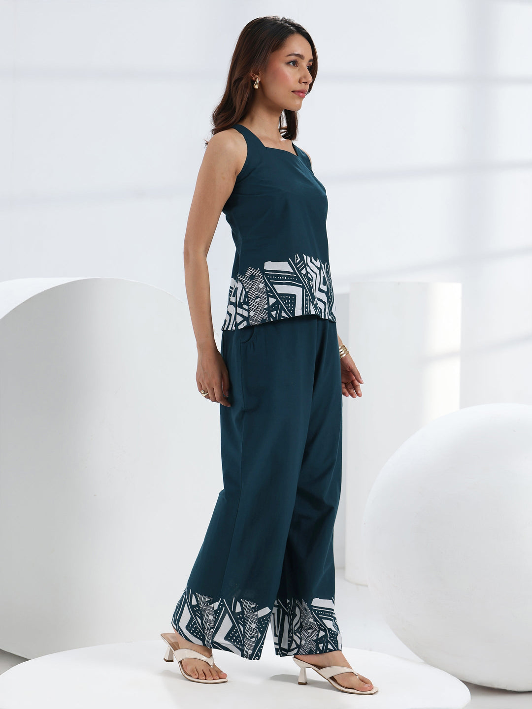  Teal Abstract Printed Cotton Co-Ord Set 