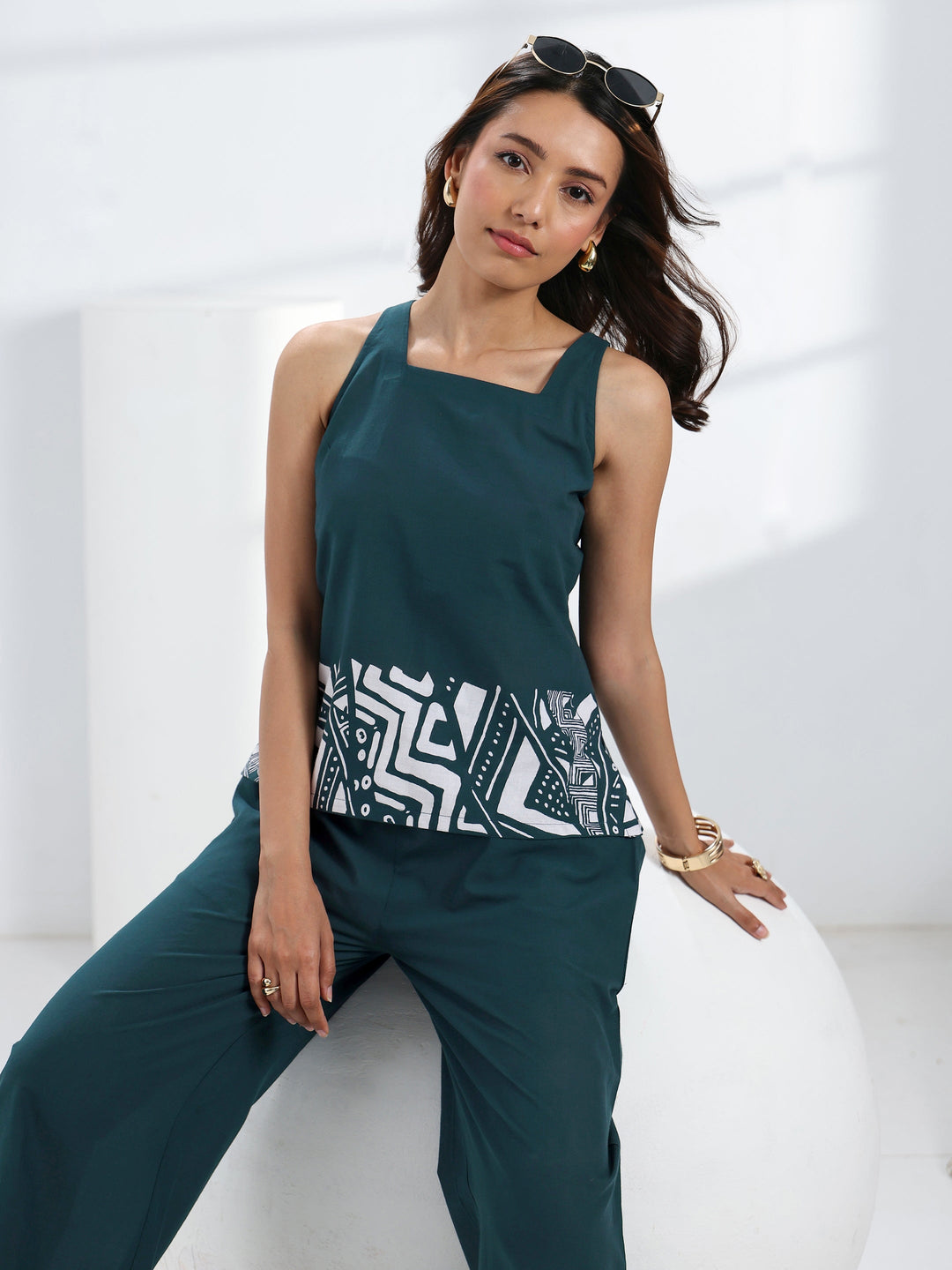  Teal Abstract Printed Cotton Co-Ord Set 