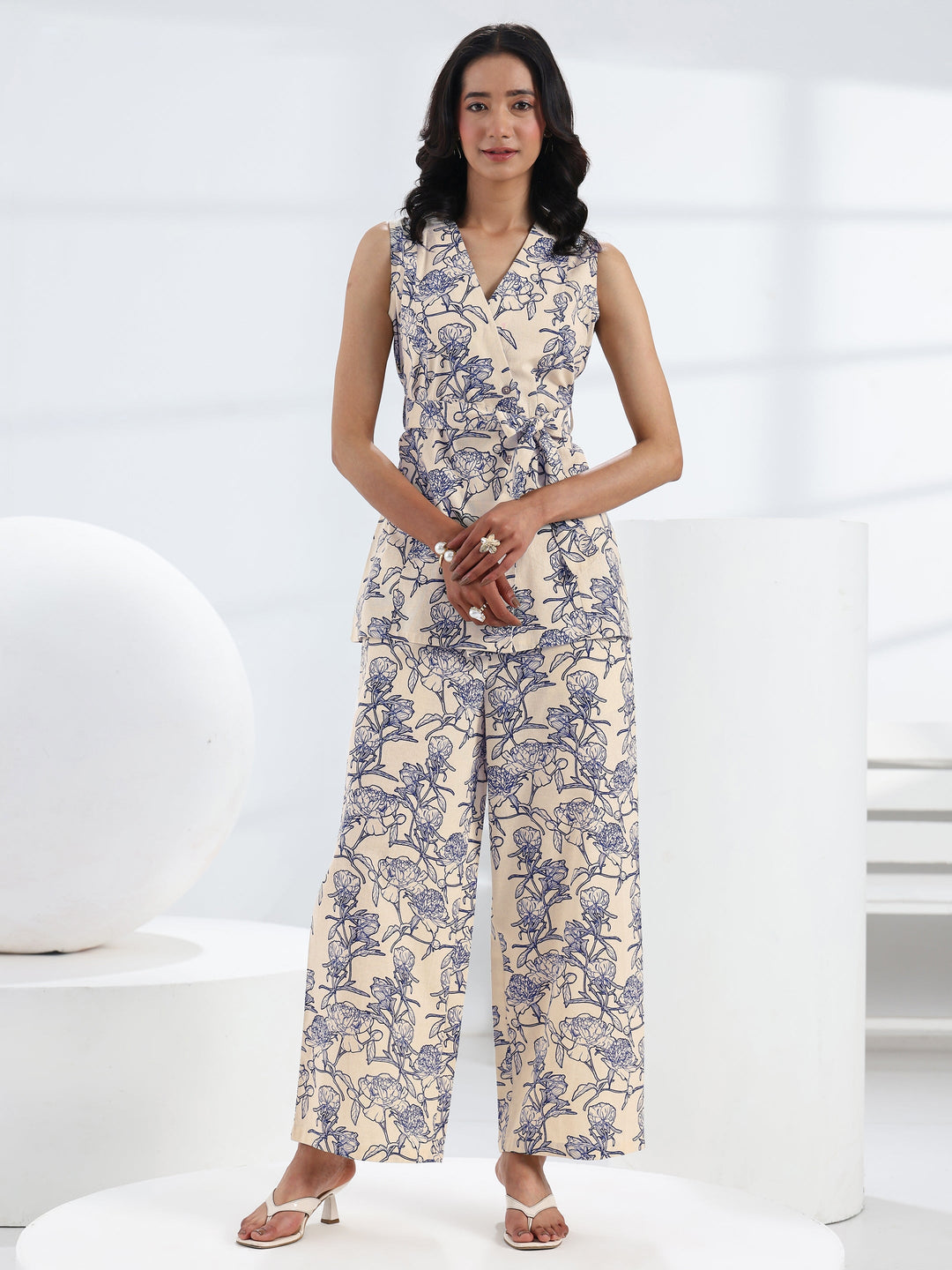  Off White Floral Printed Cotton Co-Ord Set 