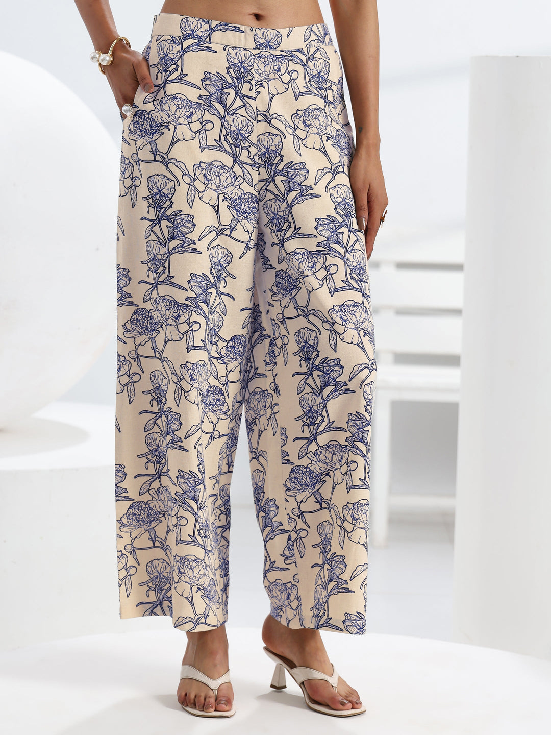  Off White Floral Printed Cotton Co-Ord Set 