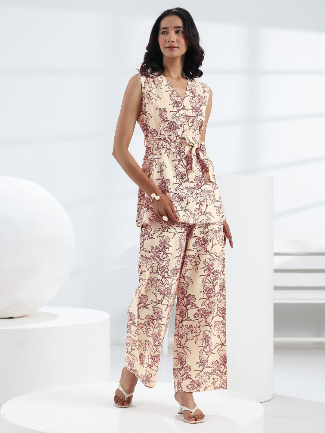  Off White Floral Printed Cotton Co-Ord Set 