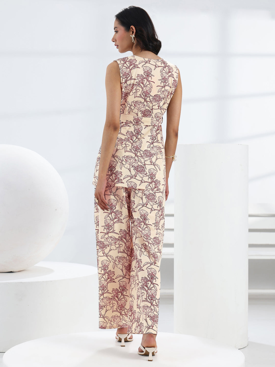  Off White Floral Printed Cotton Co-Ord Set 