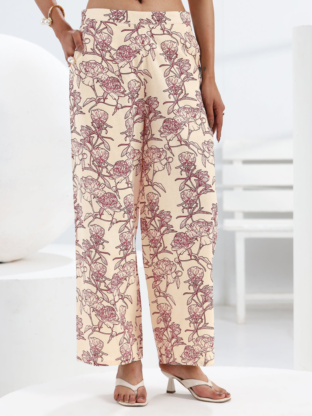  Off White Floral Printed Cotton Co-Ord Set 