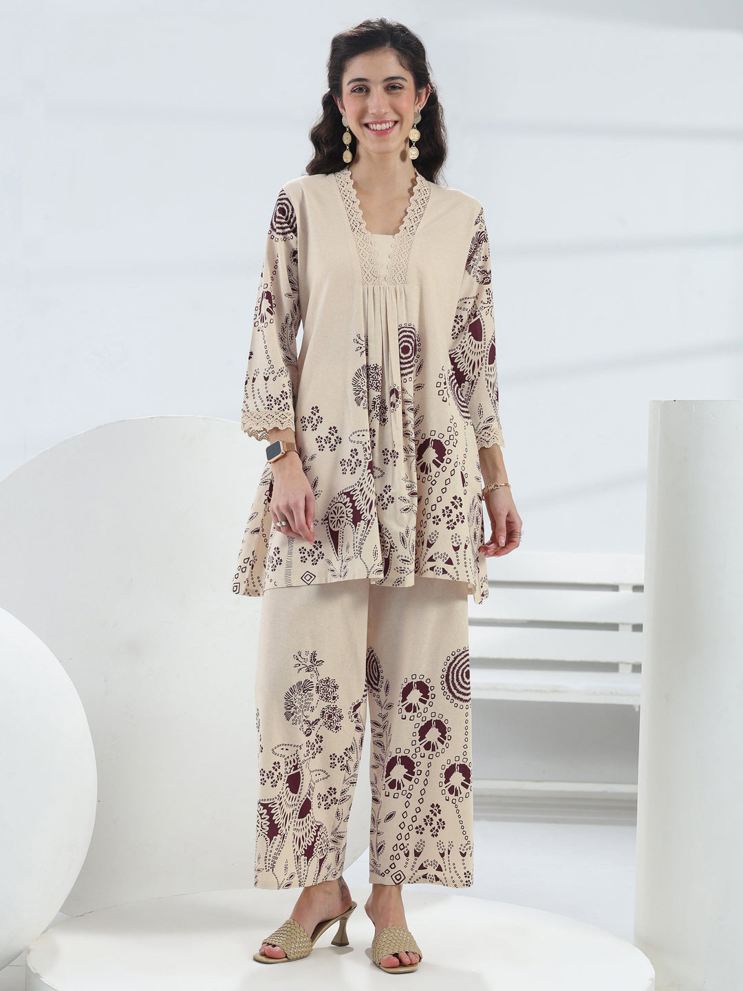  Off White Floral Printed Cotton Co-Ord Set 