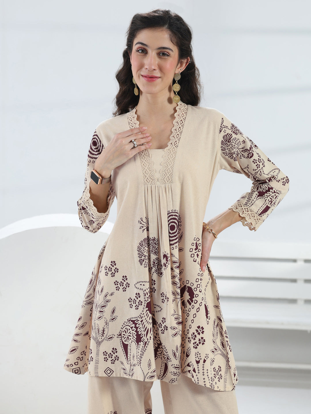  Off White Floral Printed Cotton Co-Ord Set 