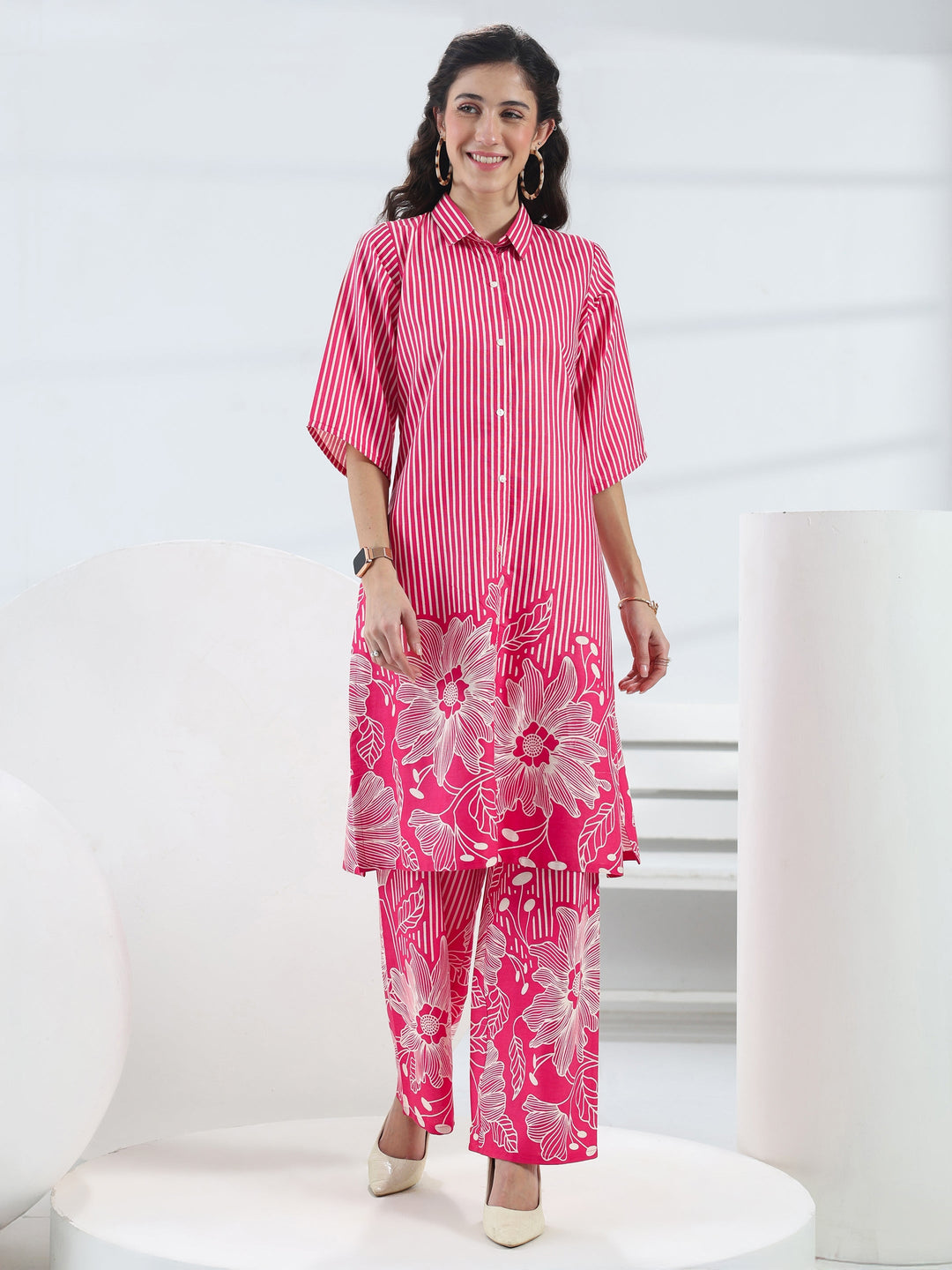  Pink Floral Printed Cotton Co-Ord Set 