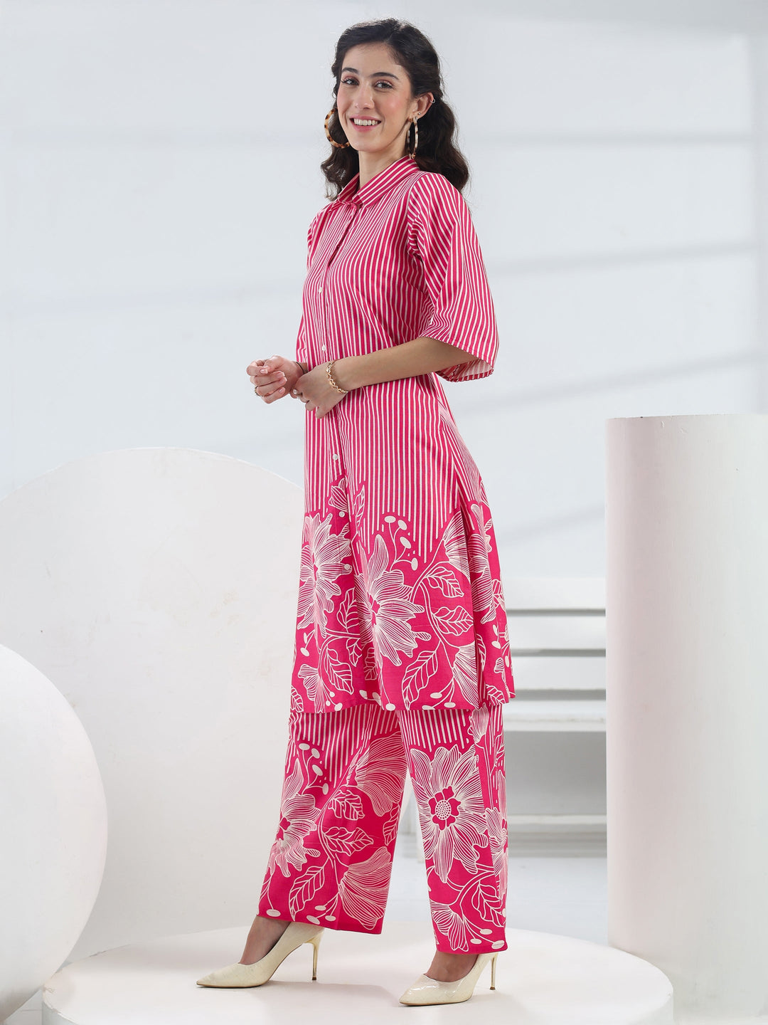  Pink Floral Printed Cotton Co-Ord Set 