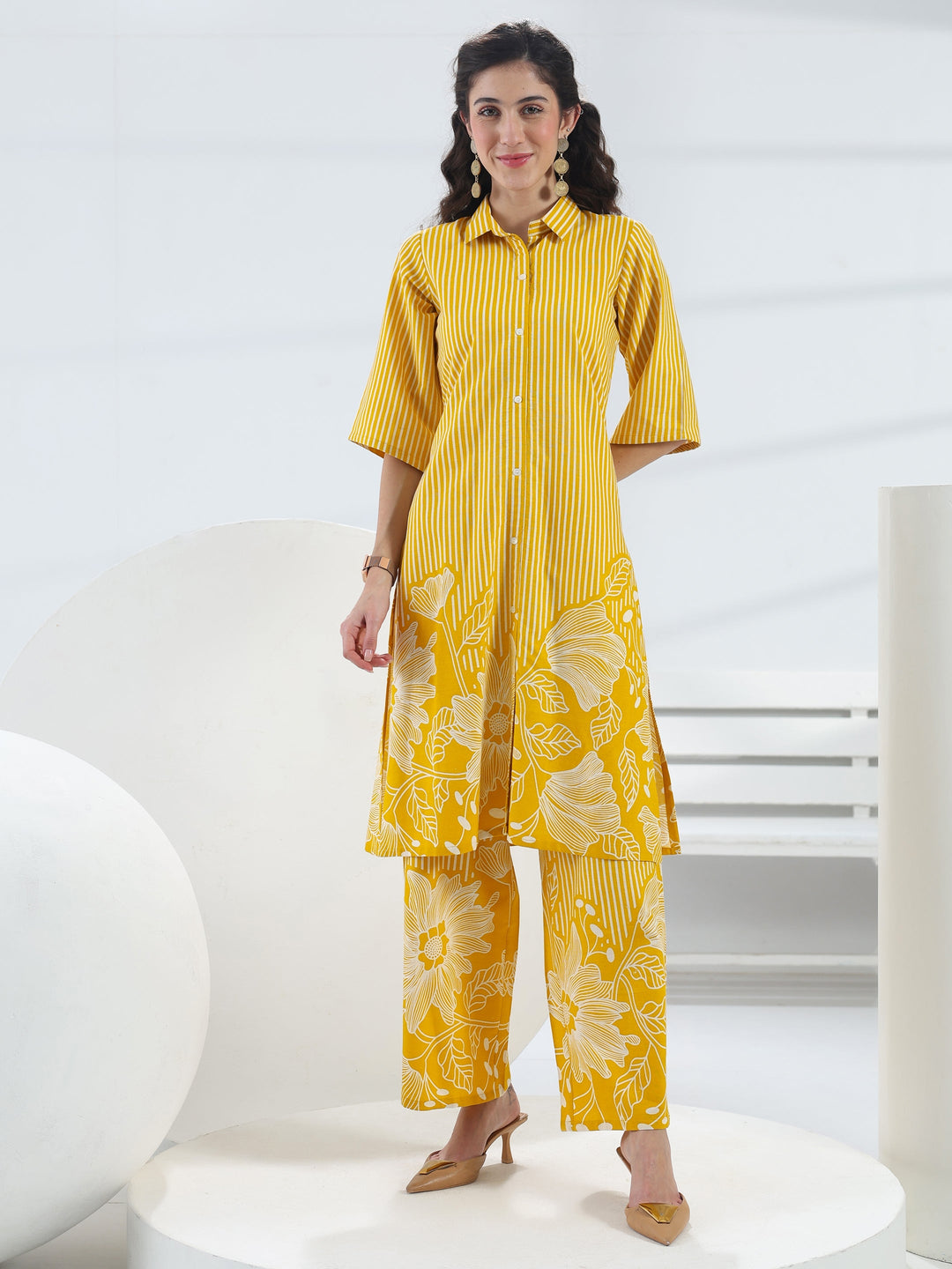 Yellow Floral Printed Cotton Co-Ord Set 