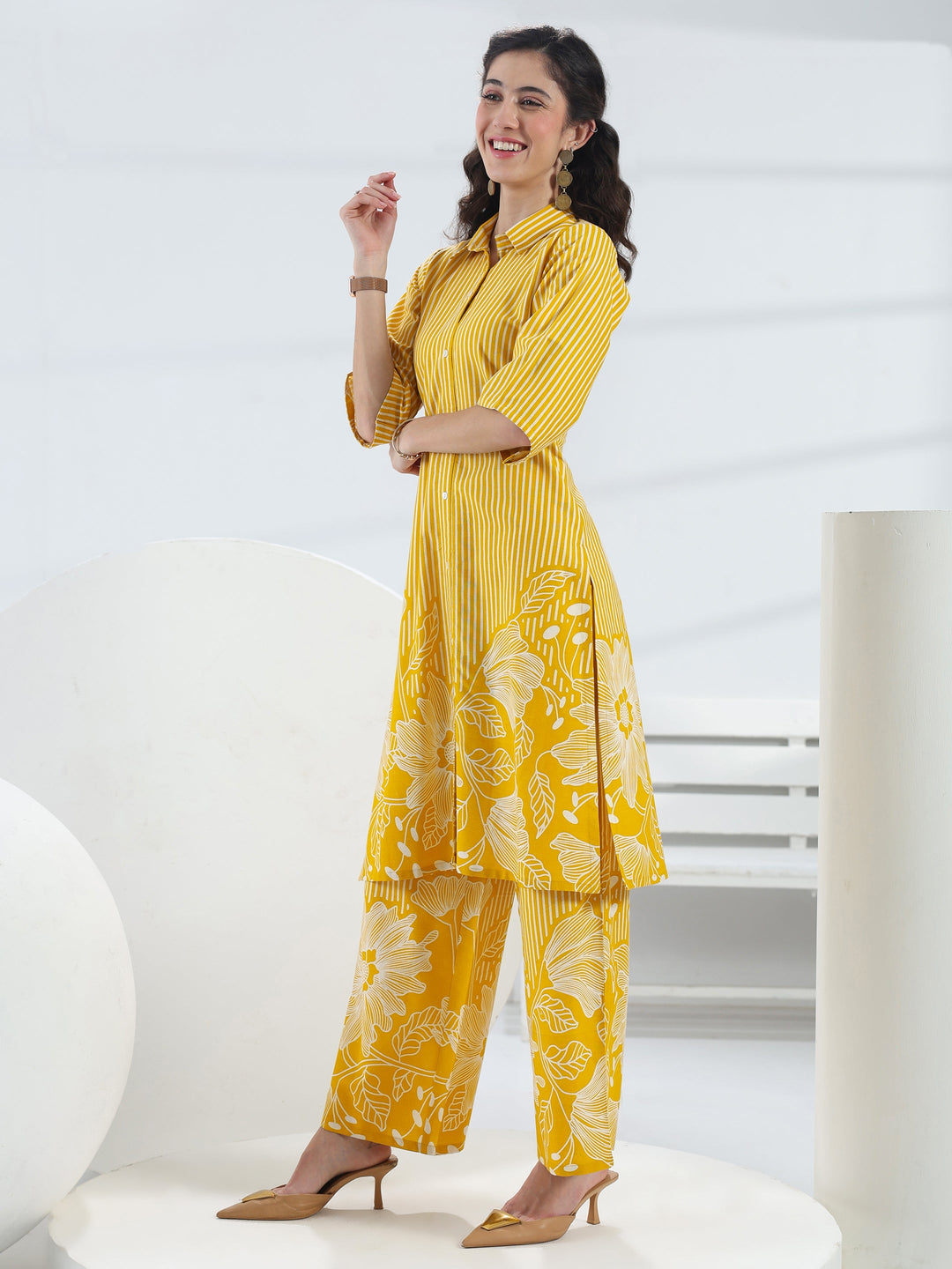  Yellow Floral Printed Cotton Co-Ord Set 