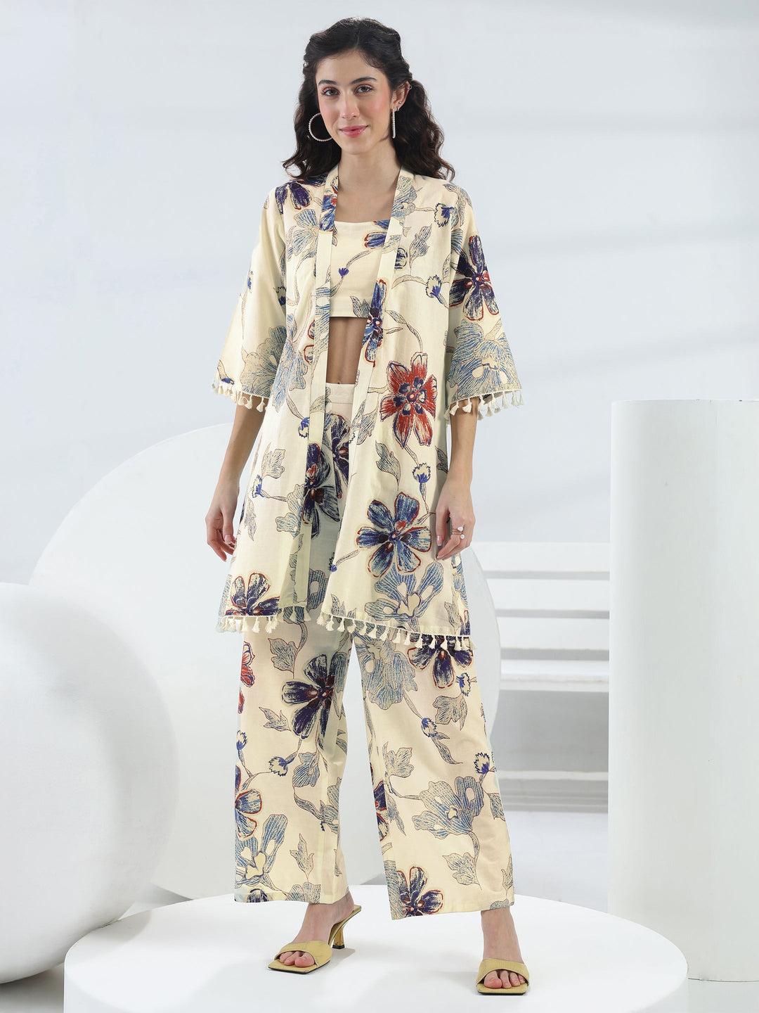  Off White Floral Printed Cotton Co-Ord Set 