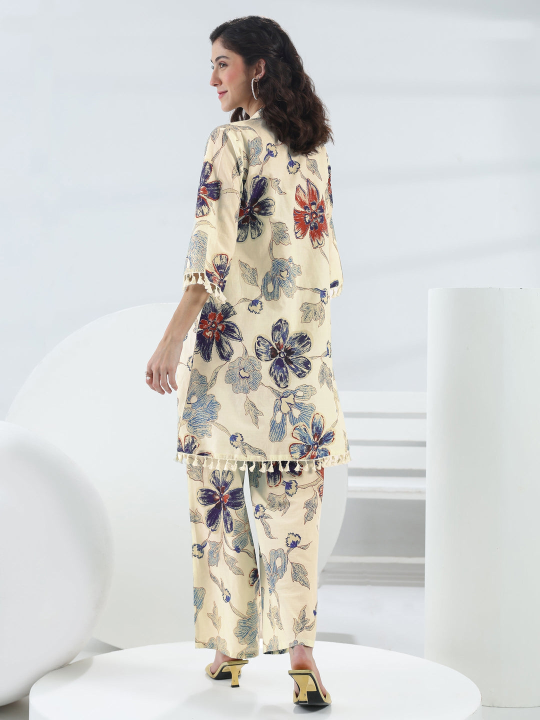  Off White Floral Printed Cotton Co-Ord Set 