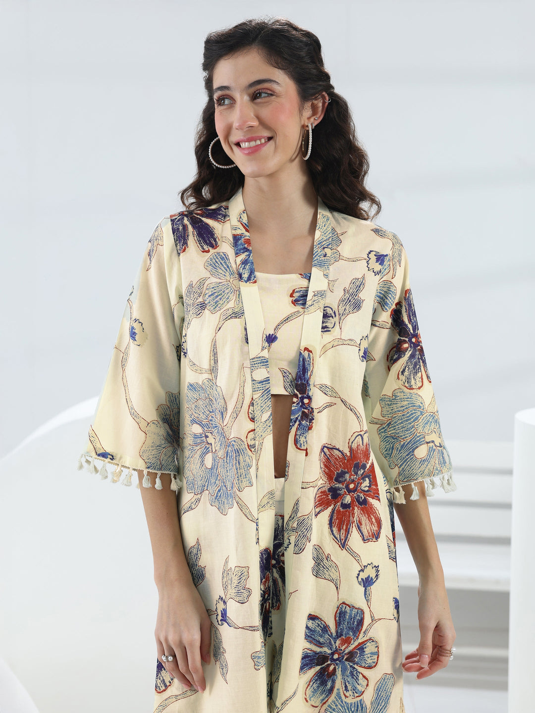  Off White Floral Printed Cotton Co-Ord Set 