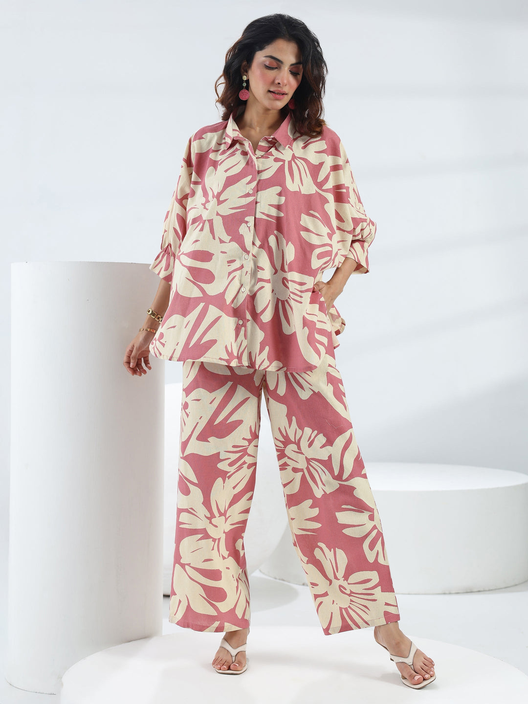  Pink Floral Printed Cotton Co-Ord Set 