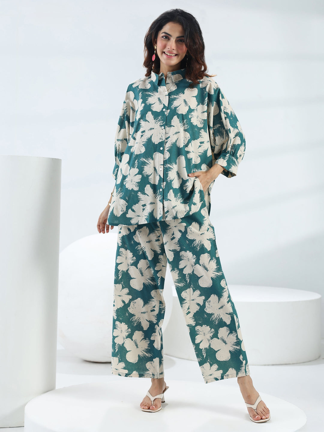  Blue Floral Printed Cotton Co-Ord Set 