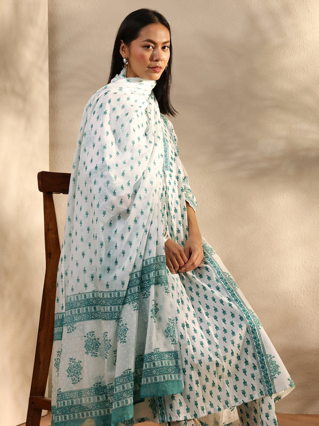  White Floral Printed Cotton A-Line Suit Set With Dupatta 