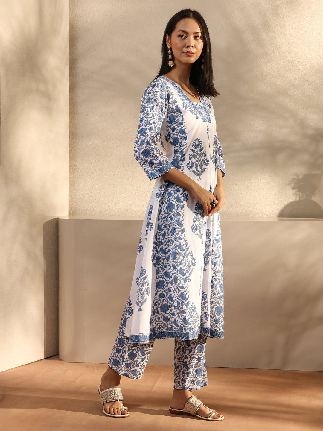  Blue Ethnic Motif Printed Cotton A-Line Suit Set With Dupatta 