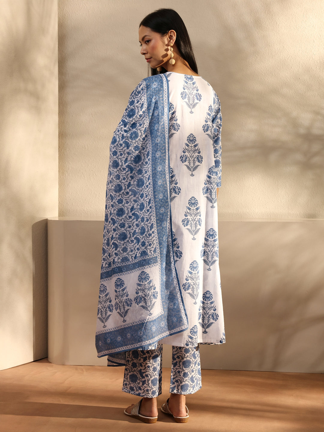  Blue Ethnic Motif Printed Cotton A-Line Suit Set With Dupatta 