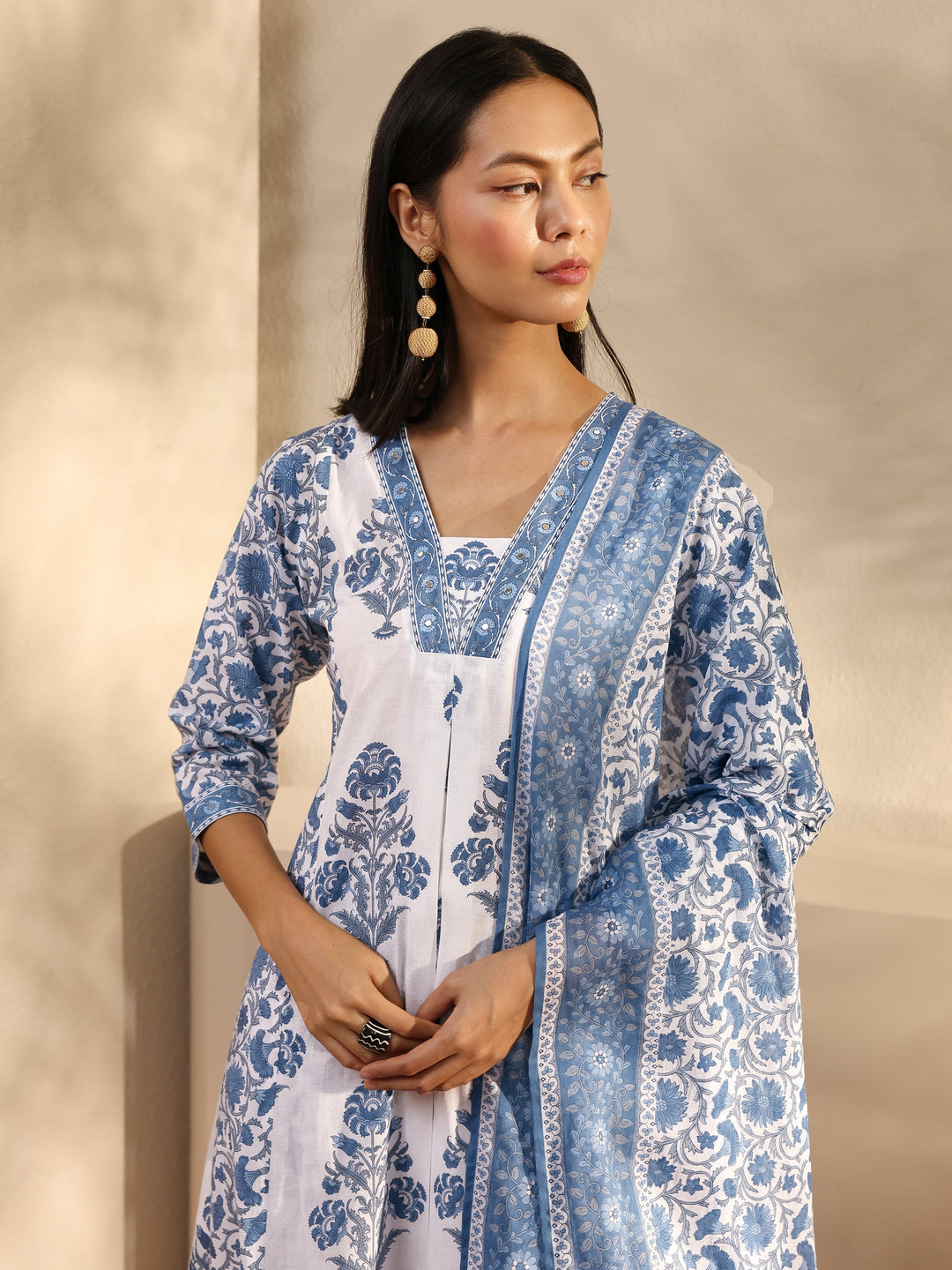  Blue Ethnic Motif Printed Cotton A-Line Suit Set With Dupatta 