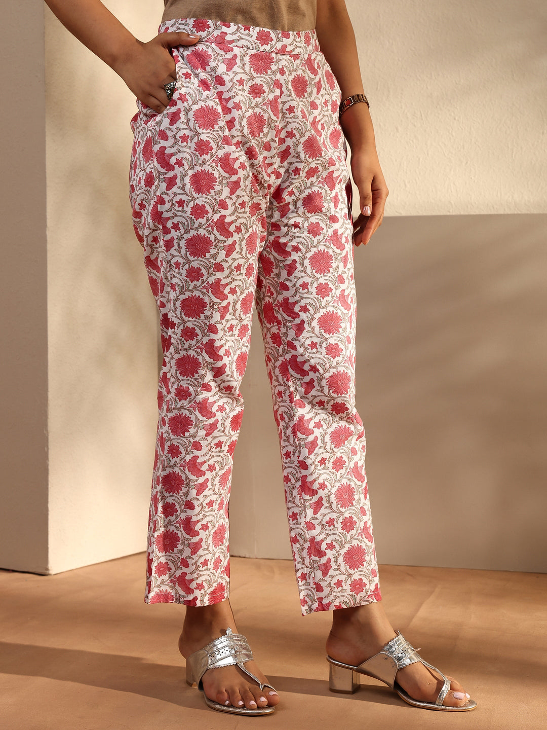  Pink Floral Printed Cotton A-Line Suit Set With Dupatta 