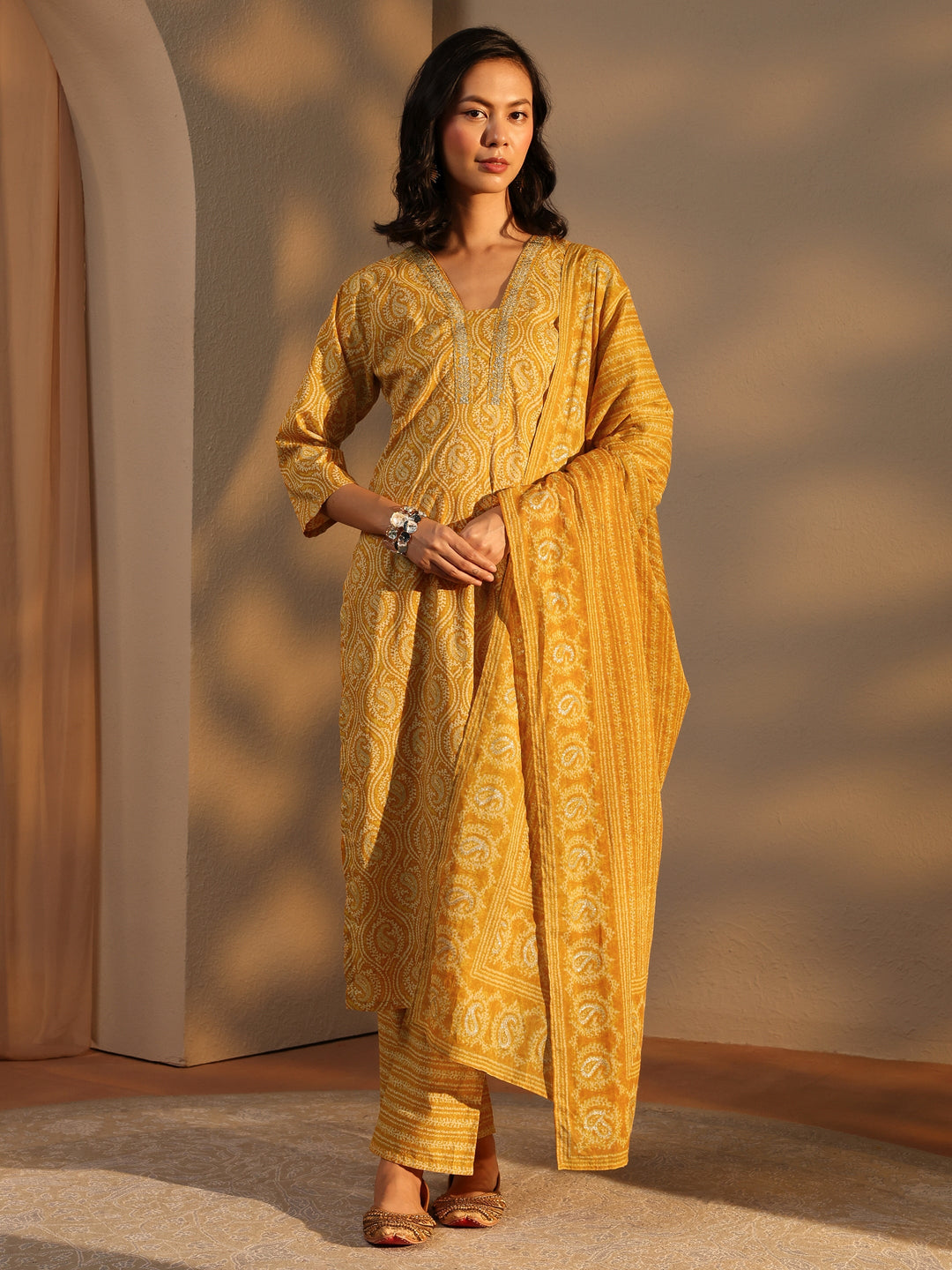  Yellow Paisley Printed Cotton Straight Suit Set With Dupatta 
