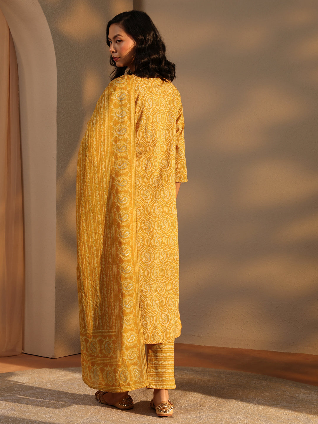  Yellow Paisley Printed Cotton Straight Suit Set With Dupatta 