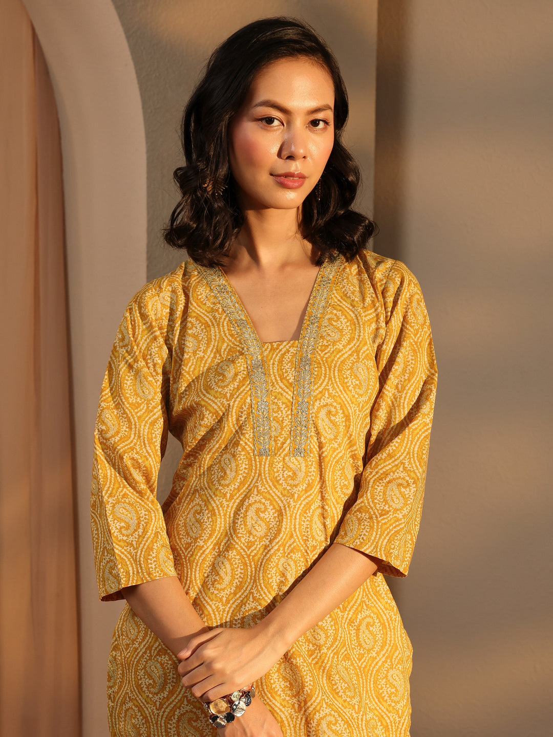  Yellow Paisley Printed Cotton Straight Suit Set With Dupatta 