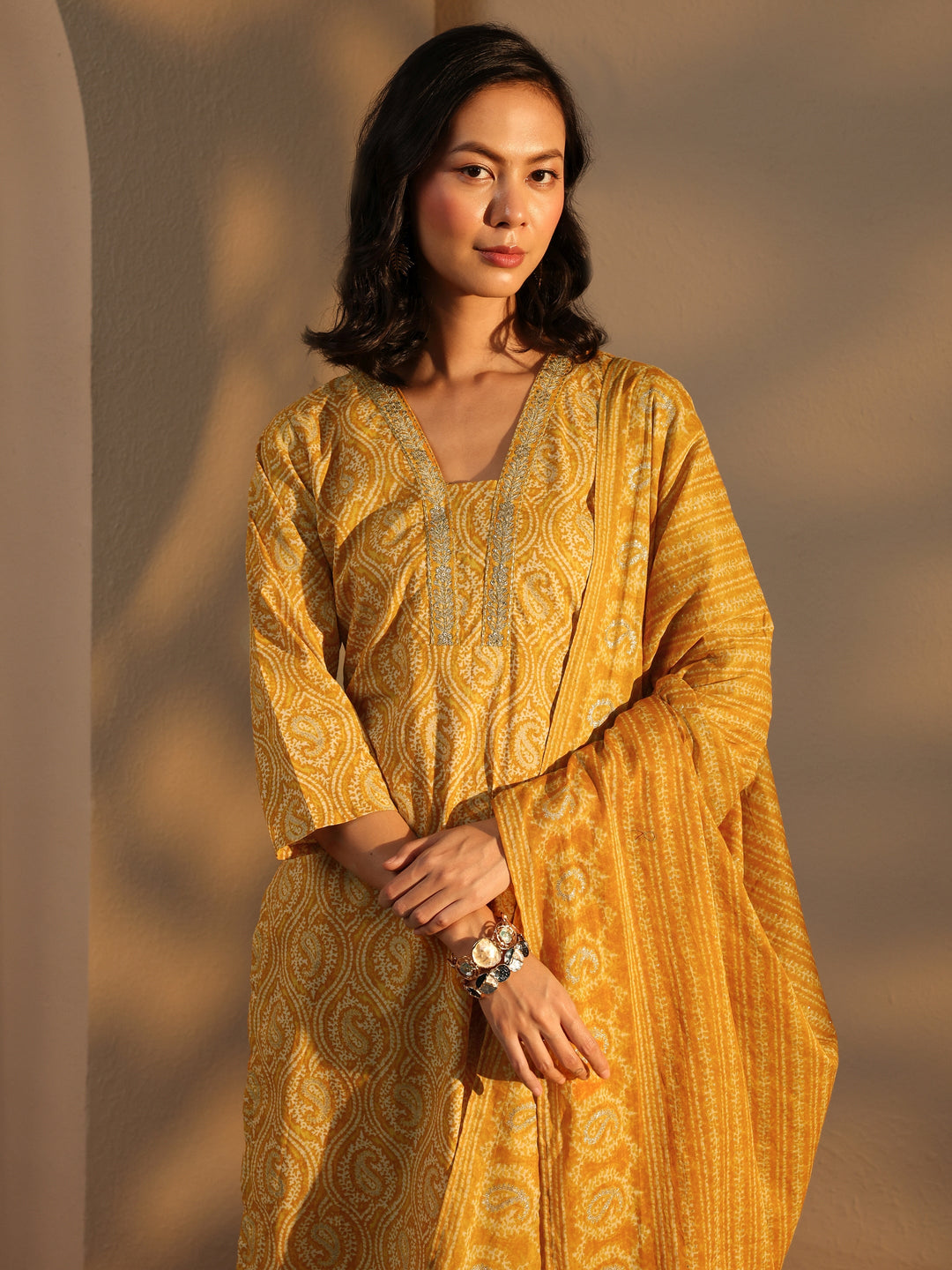 Yellow Paisley Printed Cotton Straight Suit Set With Dupatta 