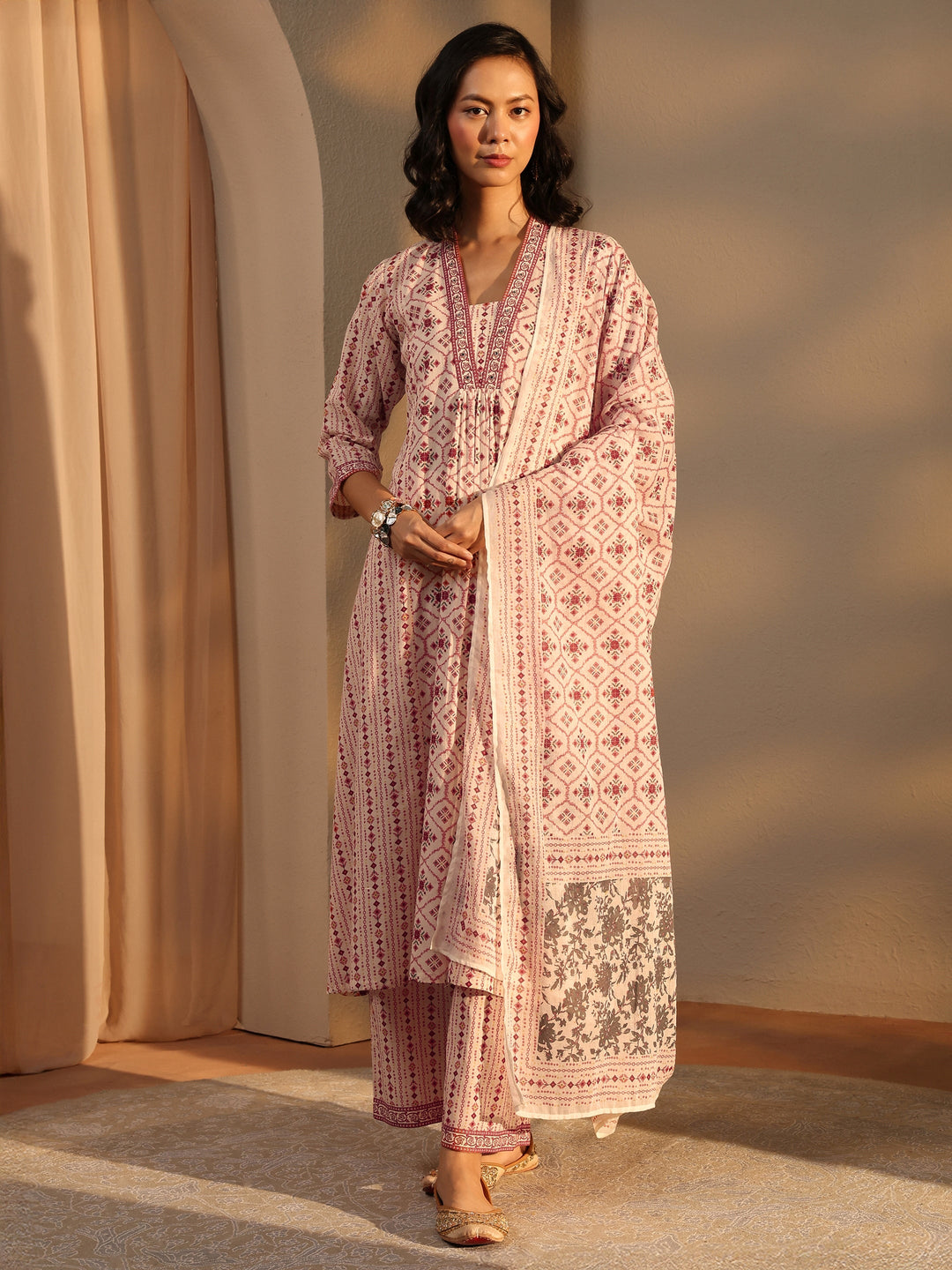  Ivory Ethnic Motif Printed Cotton A-Line Suit Set With Dupatta 