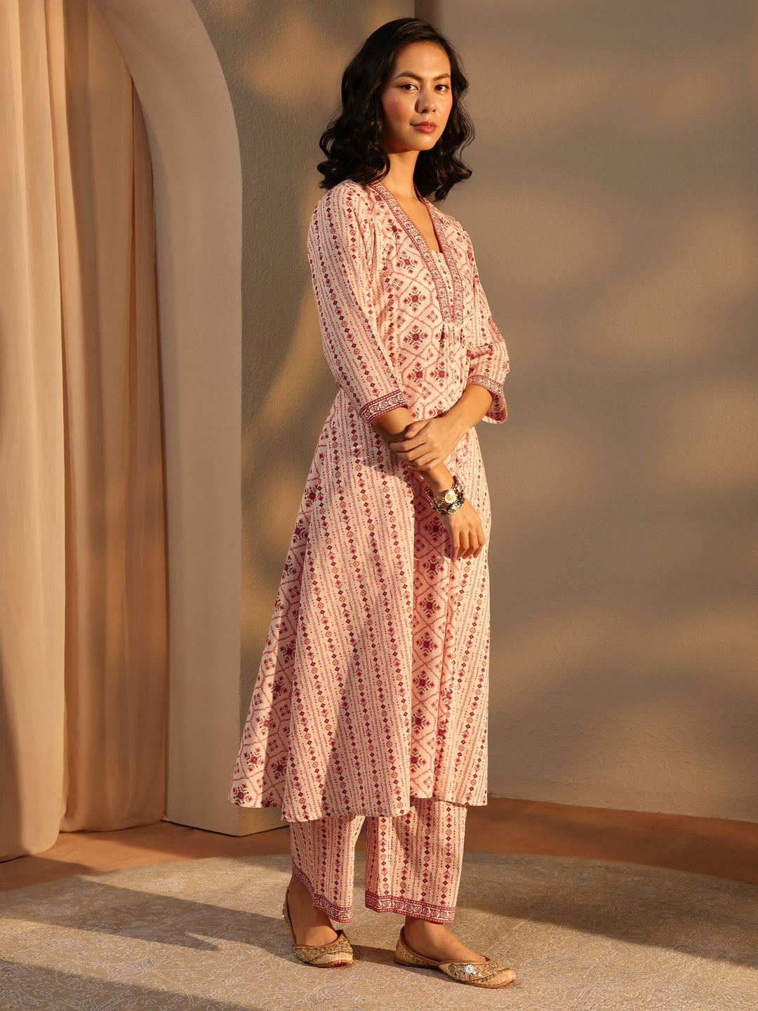  Ivory Ethnic Motif Printed Cotton A-Line Suit Set With Dupatta 