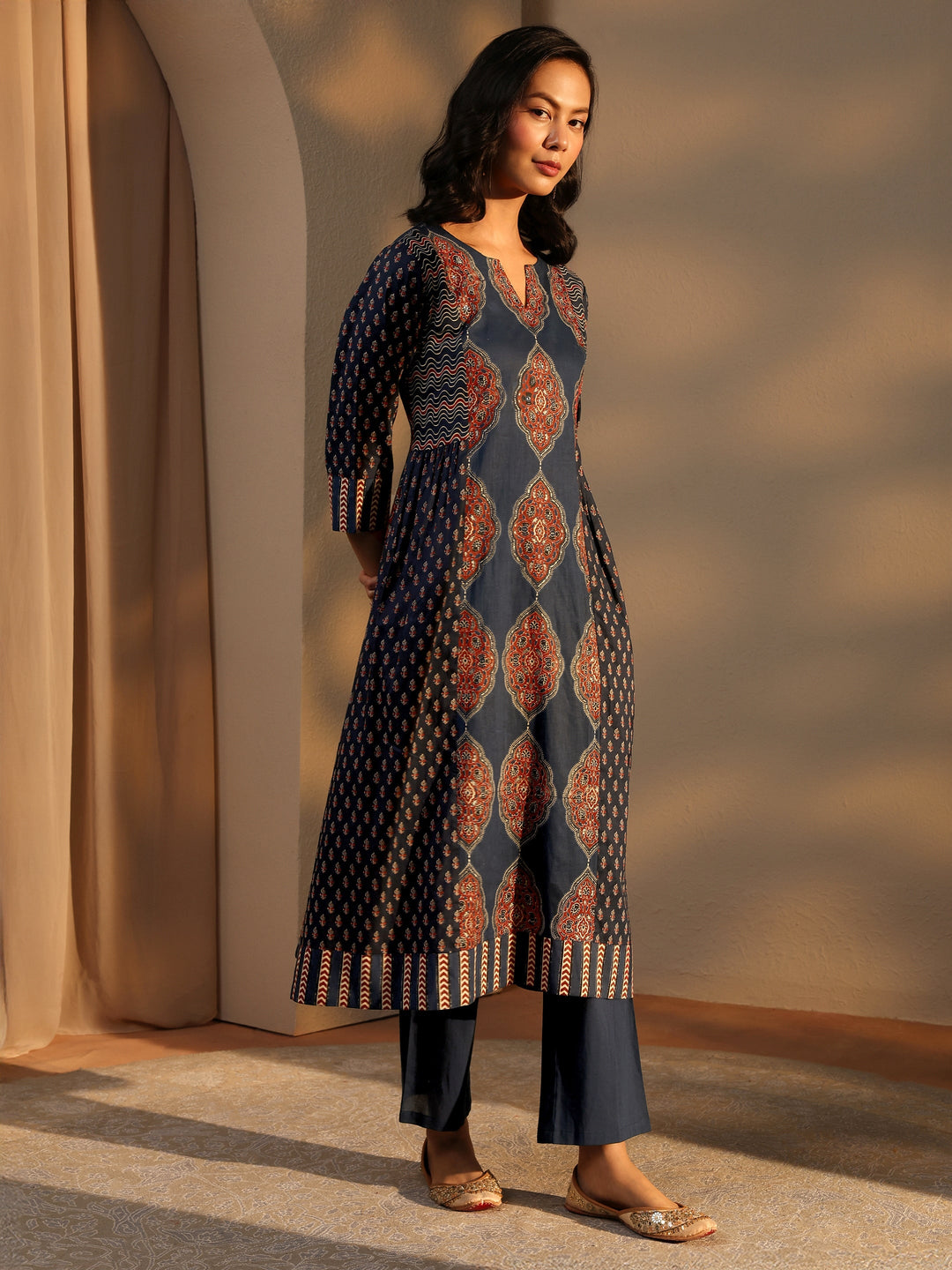  Blue Ethnic Motif Printed Cotton A-Line Suit Set With Dupatta 