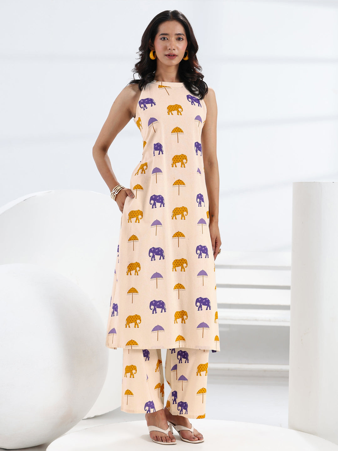  Ivory Quirky Printed Cotton Straight Kurta Set 