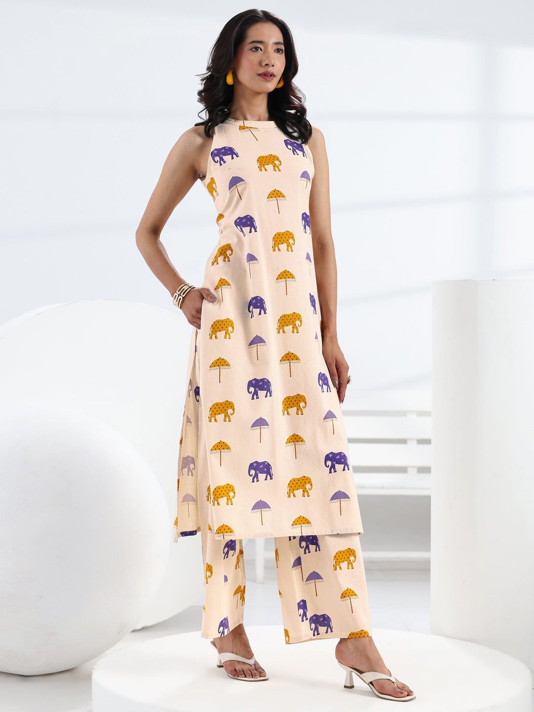  Ivory Quirky Printed Cotton Straight Kurta Set 