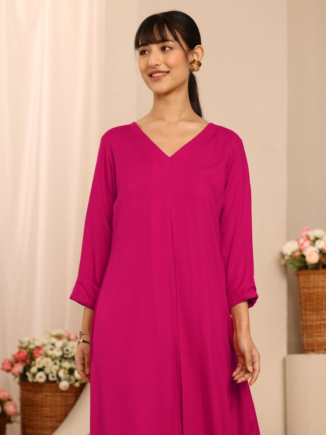  Pink Solid Viscose Rayon A-Line Kurta Set 