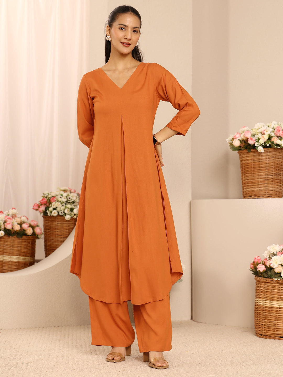  Orange Solid Viscose Rayon A-Line Kurta Set 