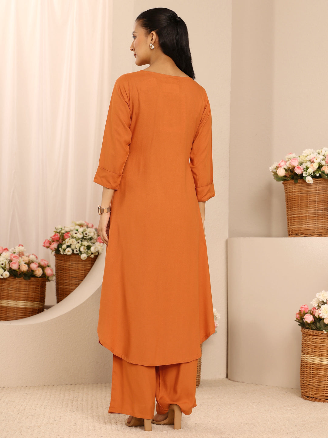  Orange Solid Viscose Rayon A-Line Kurta Set 
