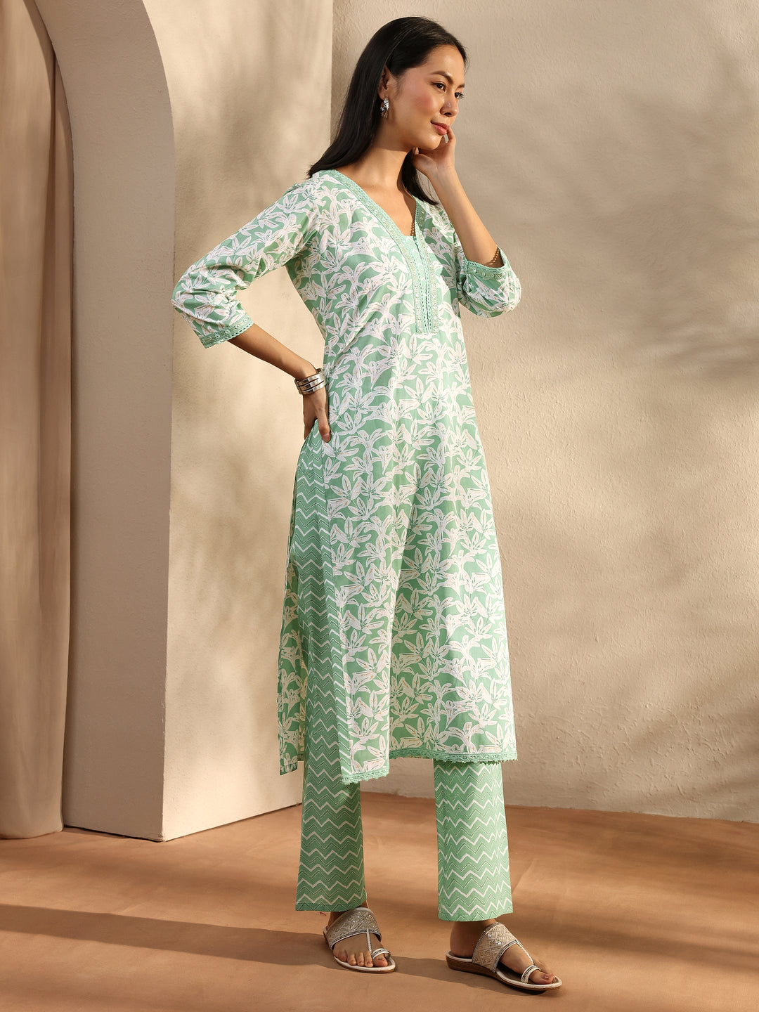  Green Floral Printed Cotton Straight Suit Set With Dupatta 