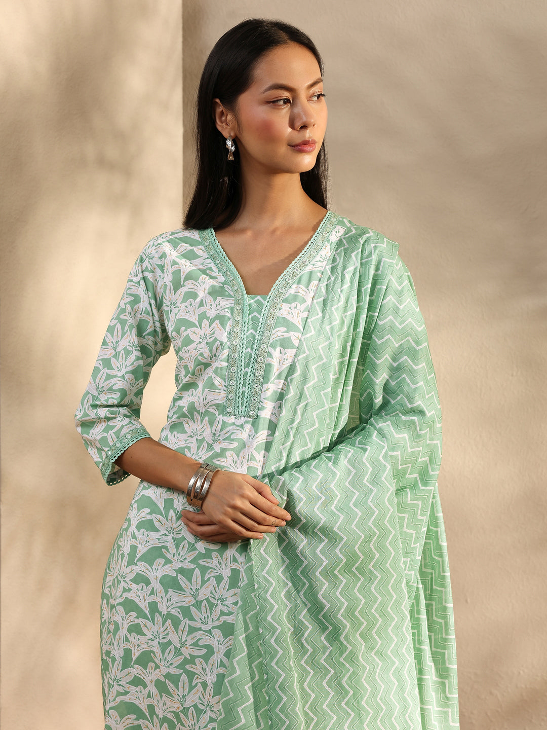  Green Floral Printed Cotton Straight Suit Set With Dupatta 