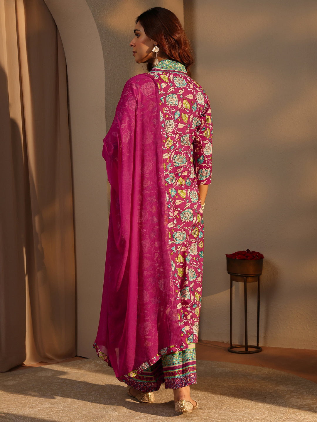  Pink Floral Printed Cotton A-Line Suit Set With Dupatta 