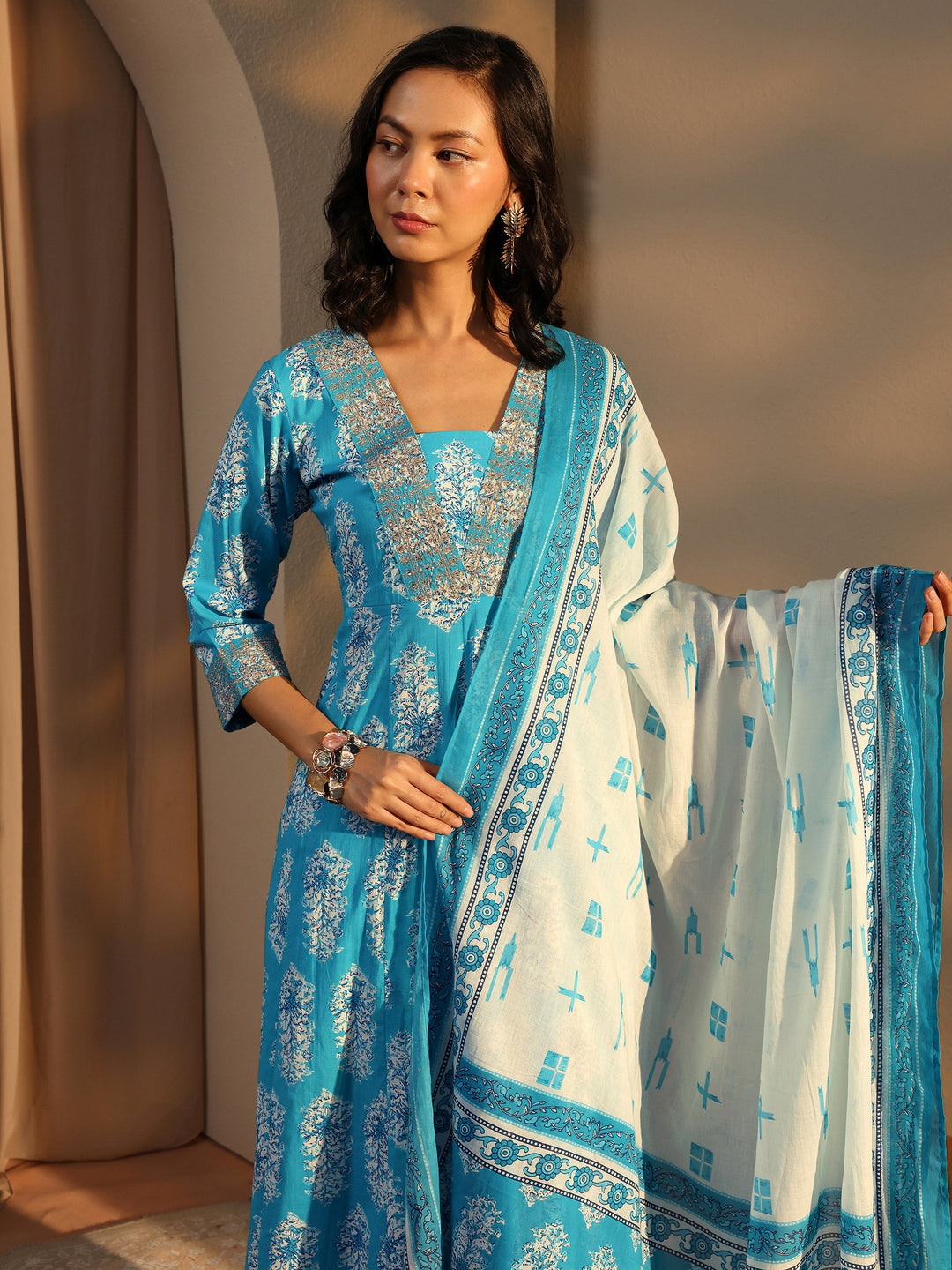  Blue Floral Printed Cotton Anarkali Suit Set With Dupatta 